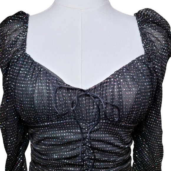 For Love & Lemons Black Glitter Ruched Glam Mini Dress Small NYE Holiday Sparkle - Picture 5 of 12